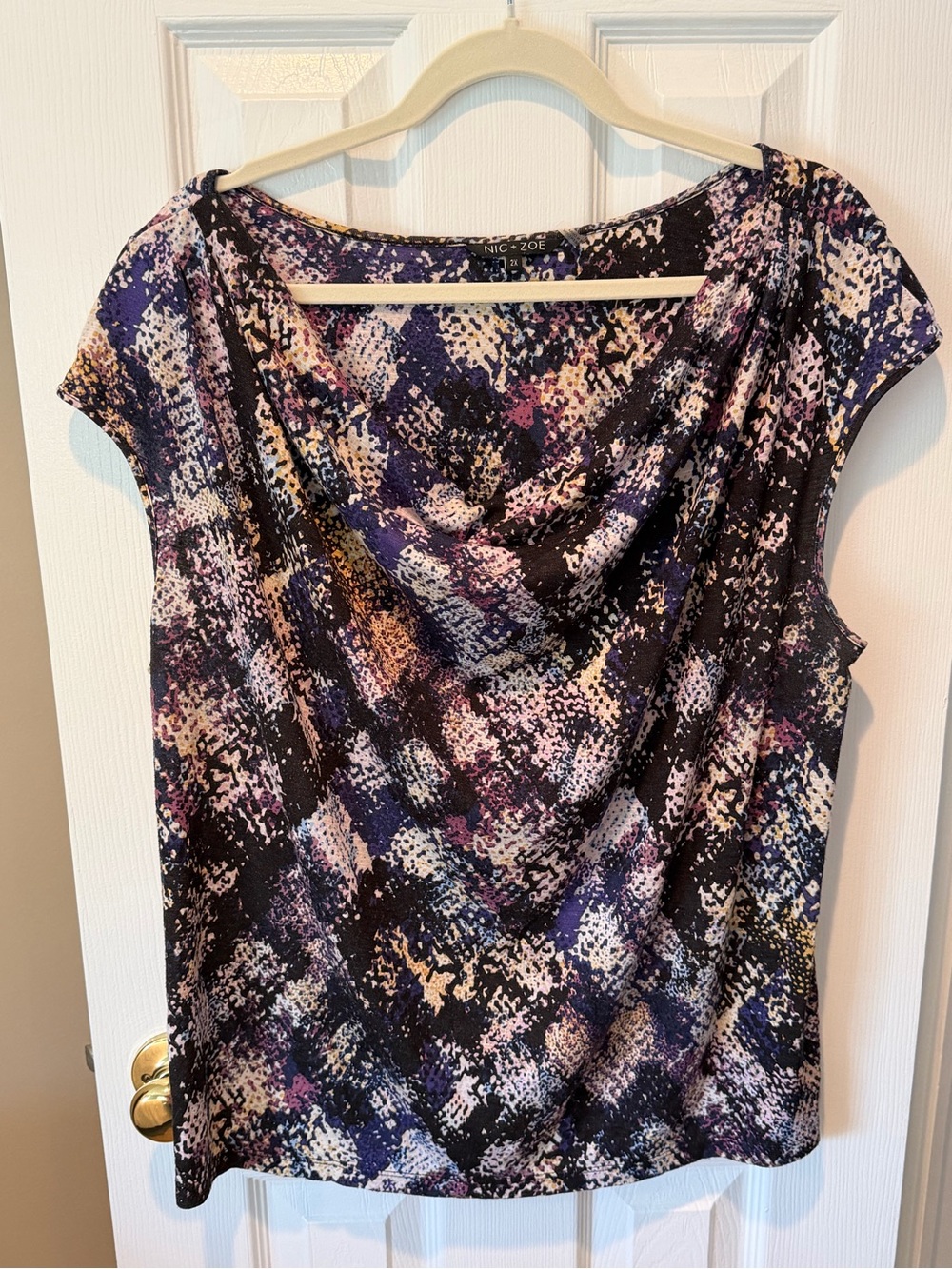 Nic + Zoe Abstract Print Drape Neck Blouse 2X Purple Blue Career Top